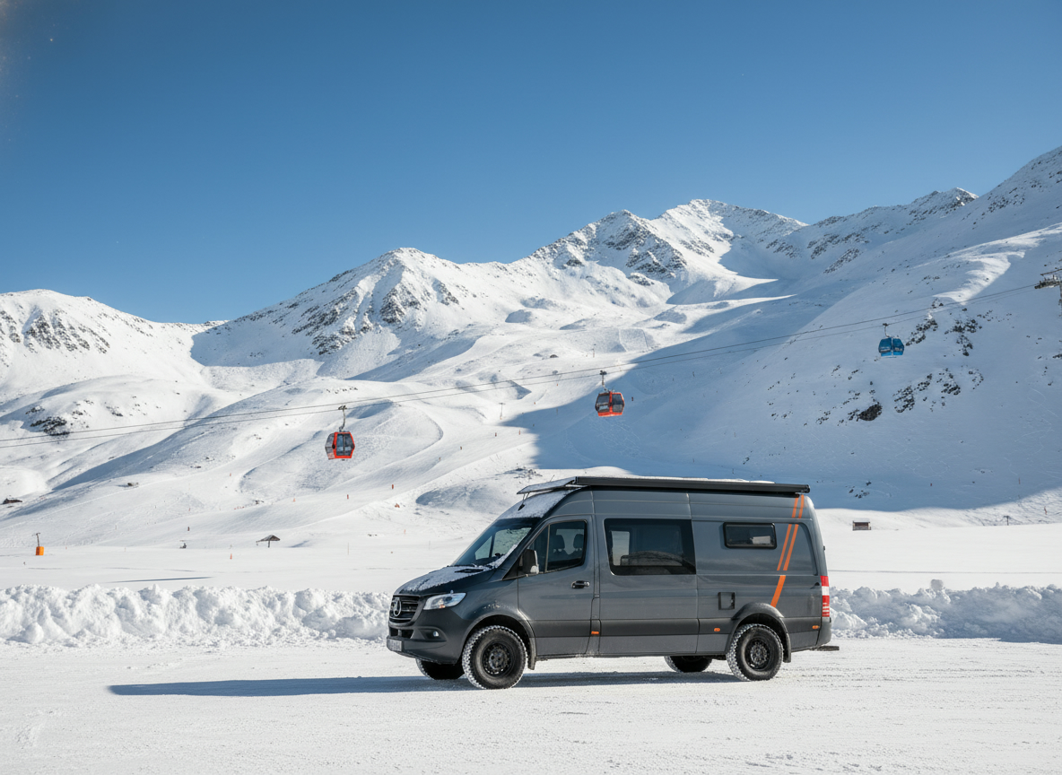 Station de ski accessible en camping-car sous la neige